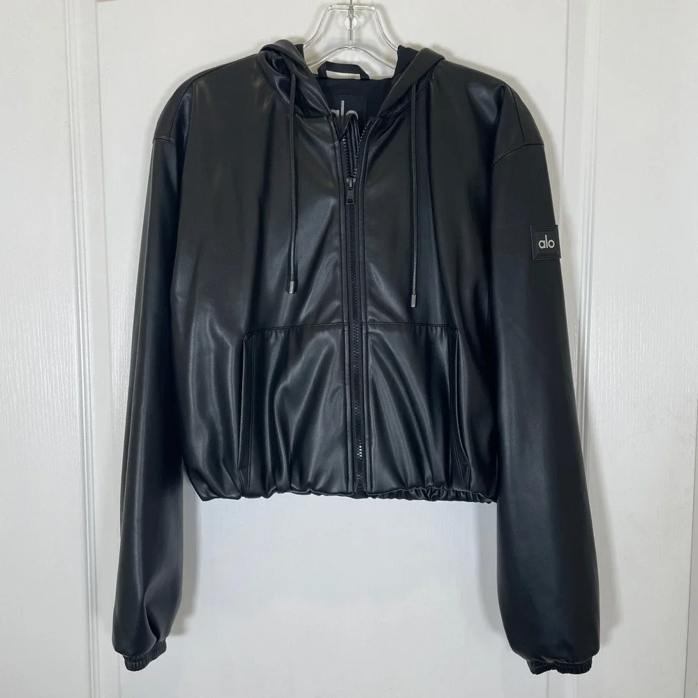 Alo Yoga Faux Leather Bomber Jacket Full Zip Cropped Hooded Black Sporty XS
